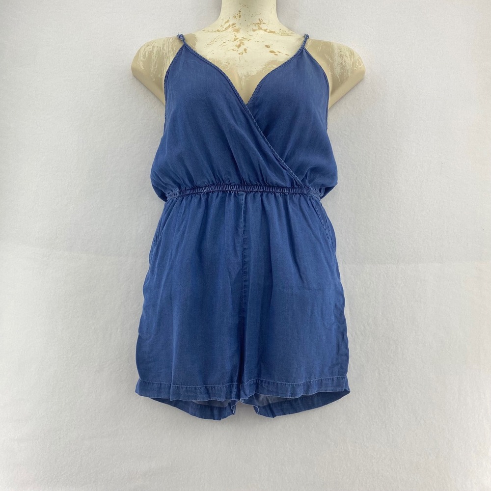Ci Sono Denim Chambray Tank Romper Surplice V-Neck Blue Size M Pockets